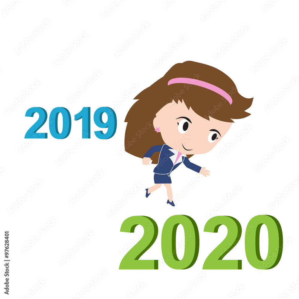 Happy business woman running from 2019 to 2020, new year success concept, vector