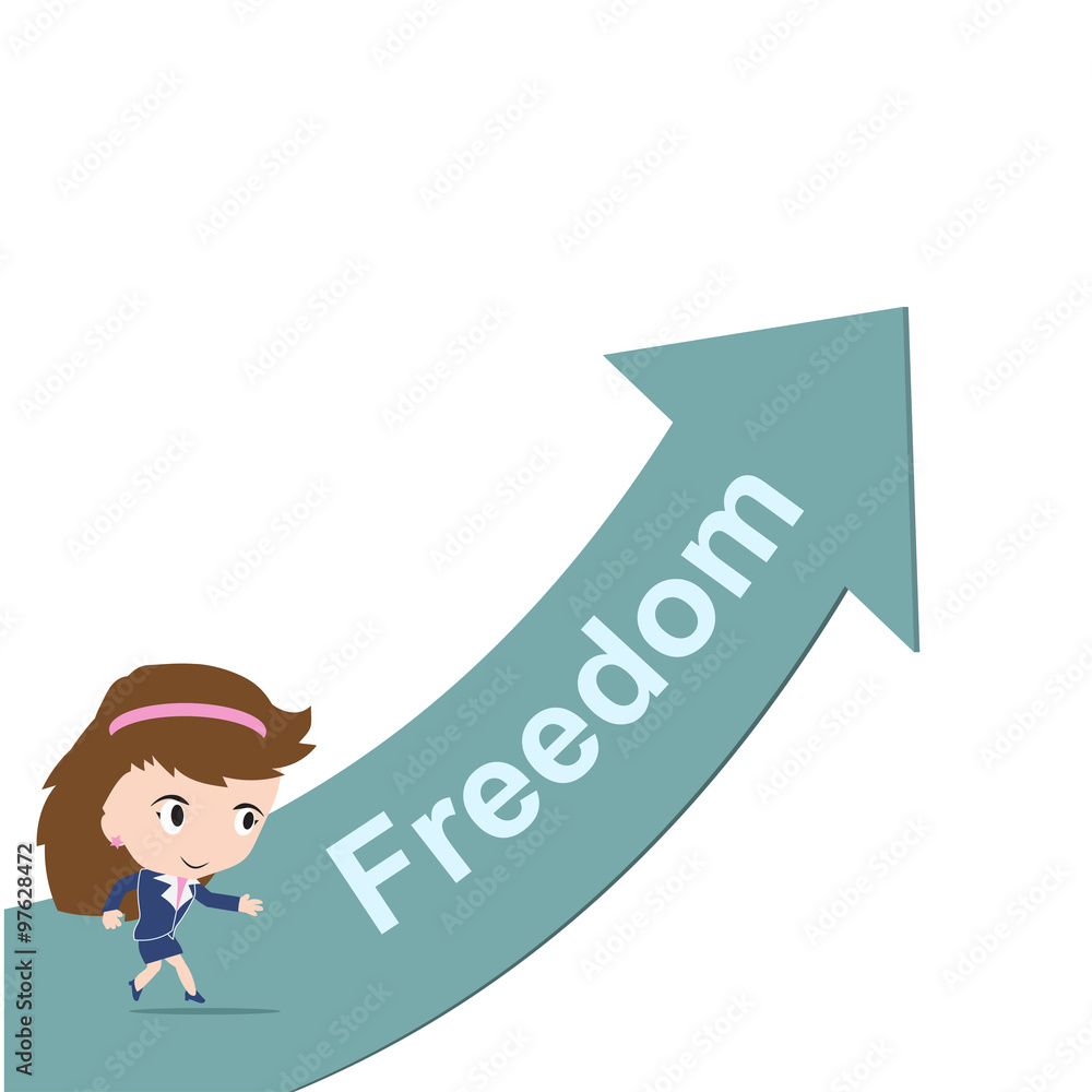 Happy business woman running on green arrow with word Freedom, road to success concept, presented in vector form Happy business woman running on green arrow with word Freedom, road to success concept, presented in vector form