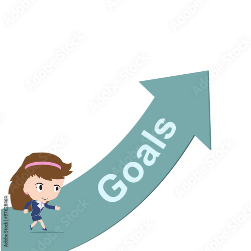 Happy business woman running on green arrow with word Goals, road to success concept, presented in vector form