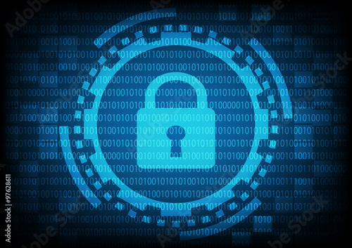 Blue of ring and gears with key lock inside on binary code backg