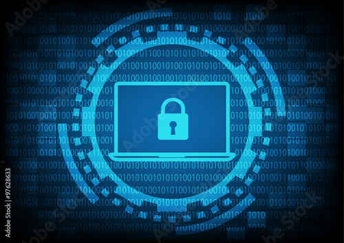 Comuter laptop with key in blue of ring and gears on binary code
