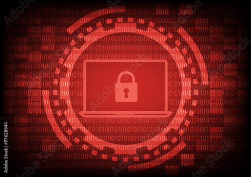 Comuter laptop with key in red of ring and gears on binary code