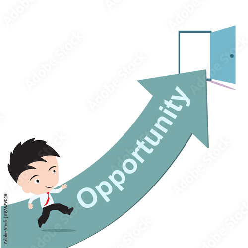 Foto businessman happy to running on green arrow and open door with word Opportunity,