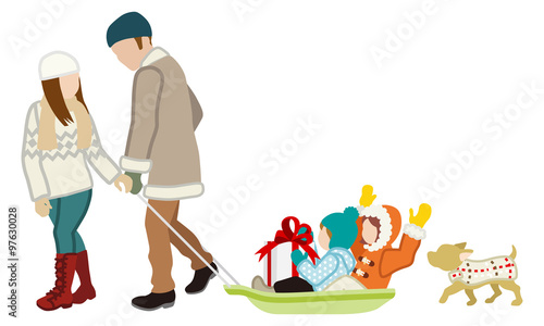 Winter family-kids riding sled- Isolated