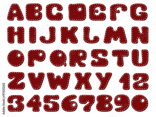 Funny alphabet for scrapbooking, dark red with a seam of white thread on white background.