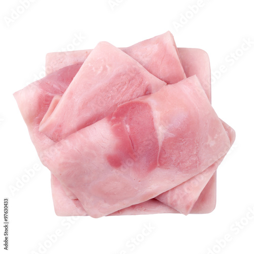 slices of cooked ham isolate on white