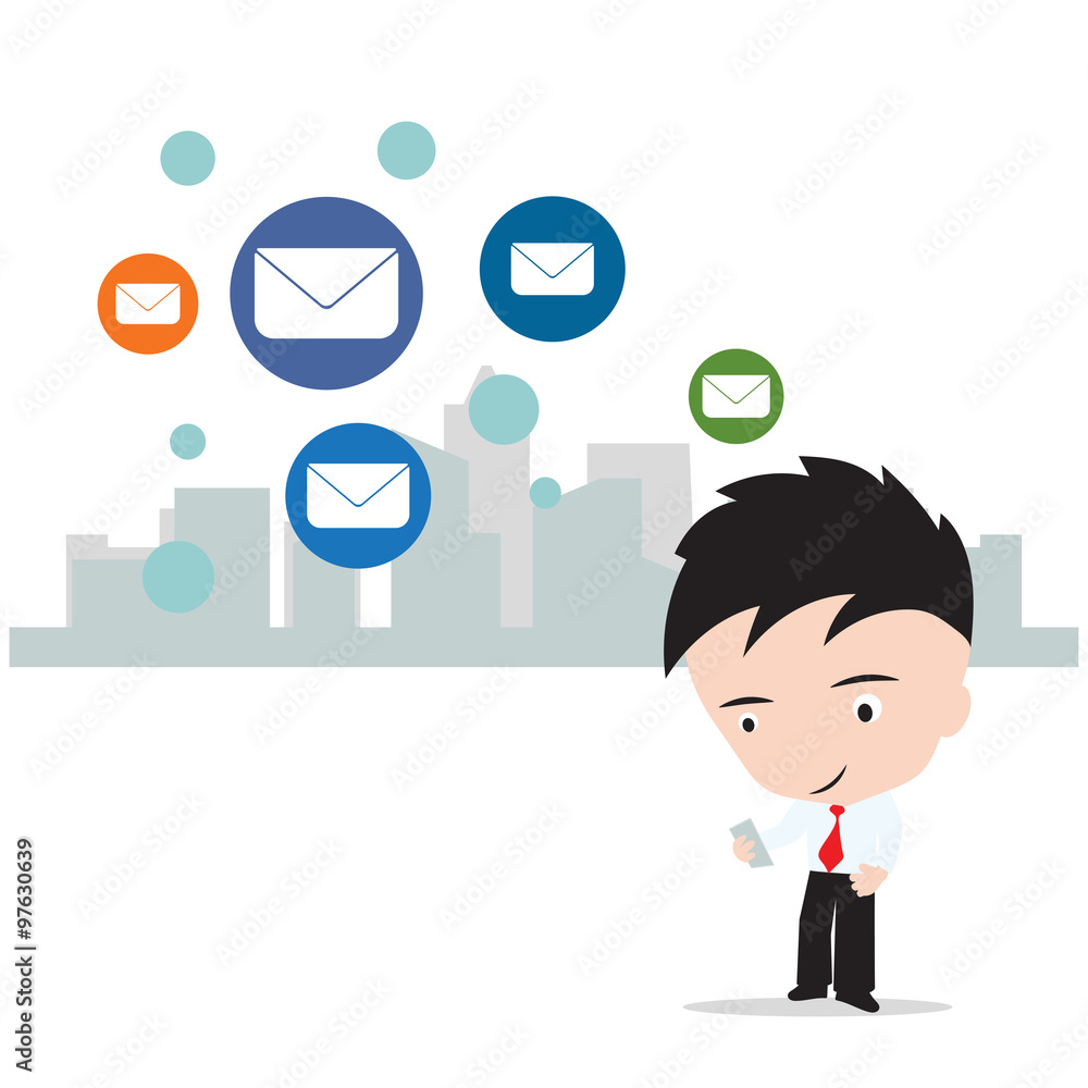 business man working on internet for send mail to social network concept, isolated on white background, vector illustration business man working on internet for send mail to social network concept, isolated on white background, vector illustration
