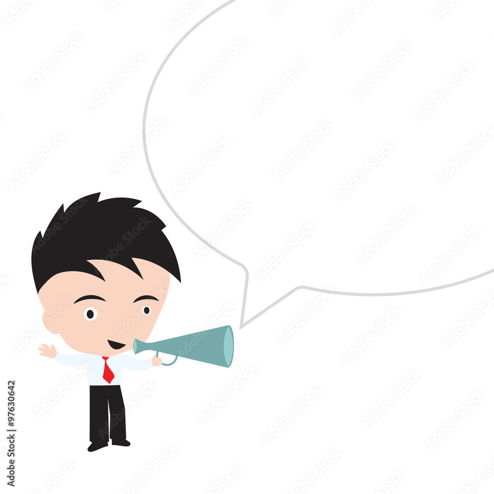 Businessman happy smile and holding to shout in megaphone on white background Businessman happy smile and holding to shout in megaphone on white background