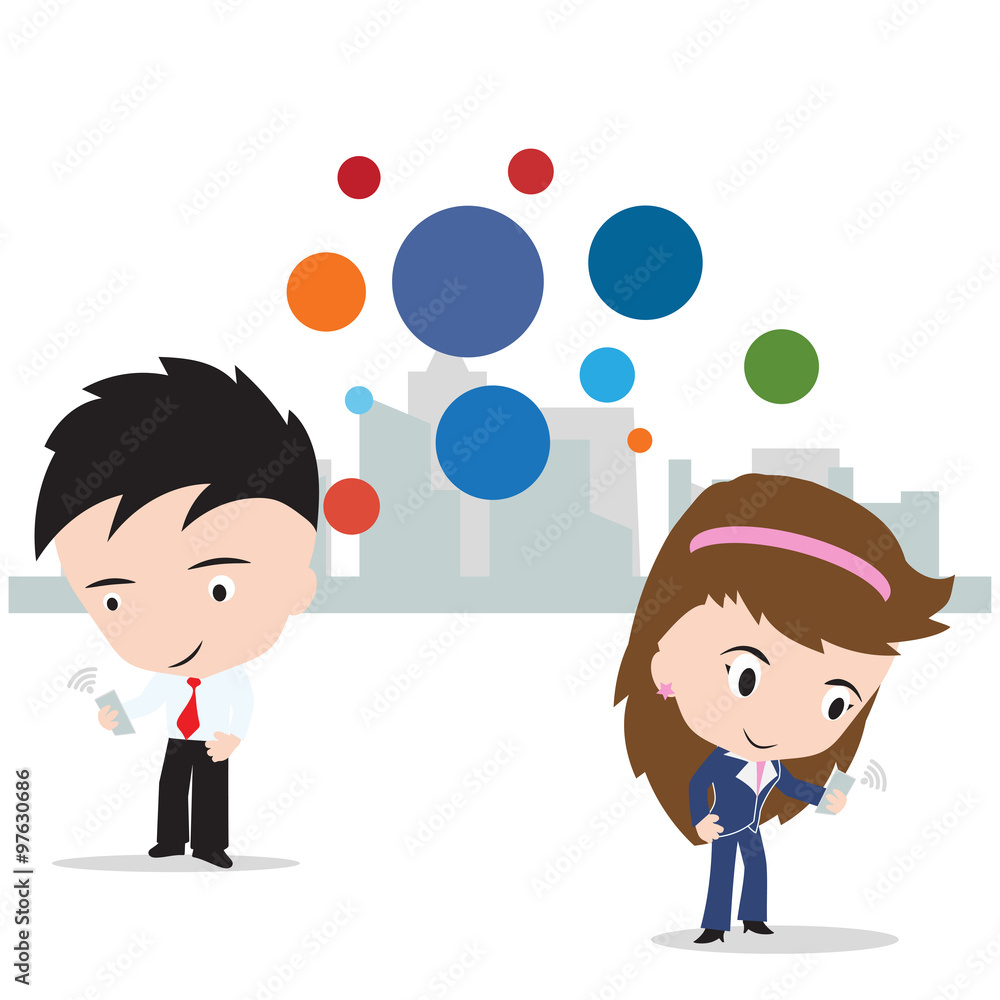 business man and woman working on internet for social network concept, isolated on white background, vector illustration business man and woman working on internet for social network concept, isolated on white background, vector illustration