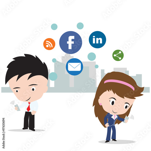 business man and woman working on internet for social network concept, isolated on white background, vector illustration