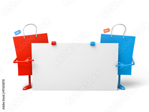 Two shopping bags with a white placard