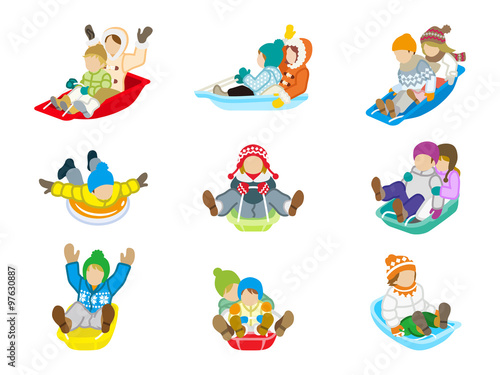 Sledding kids set Isolated