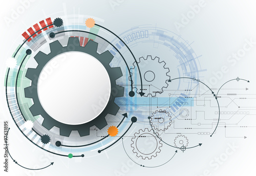 Vector futuristic technology  3d white paper gear wheel on circuit board. Illustration hi-tech  engineering  digital telecoms concept. With space for content  web template  business tech presentation