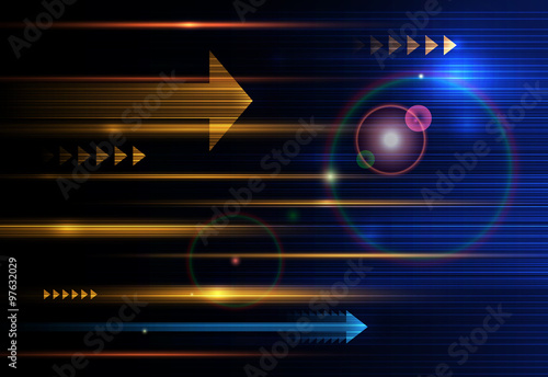 Vector Abstract, science, futuristic, energy technology concept. Digital image of arrow sign, light rays, stripes lines with blue light, speed and motion blur over dark blue background