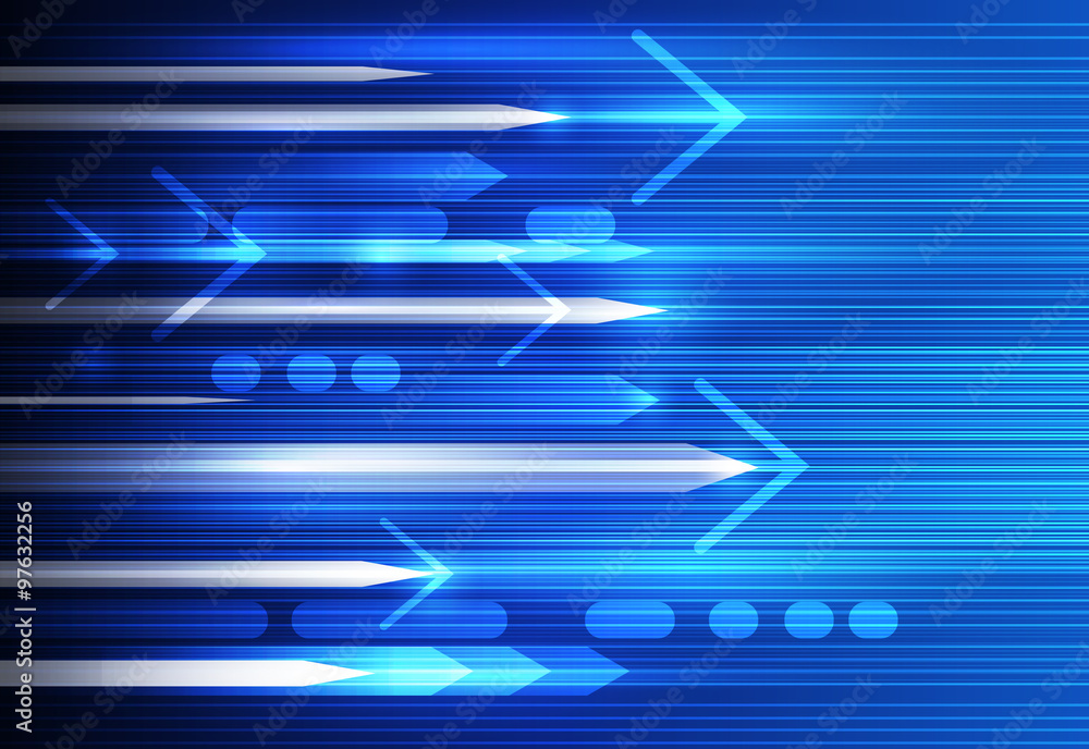 Vector Abstract, science, futuristic, energy technology concept. Digital image of arrow sign, stripes lines with blue light, speed and motion blur over dark blue background