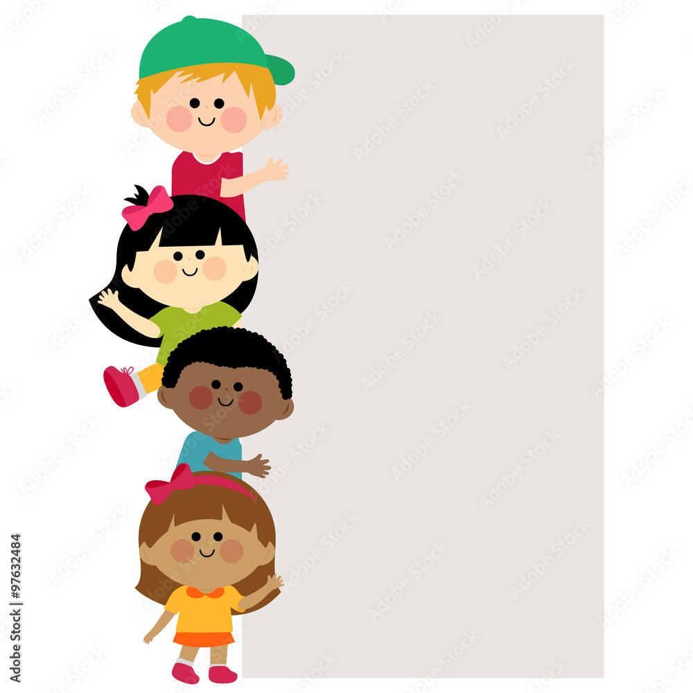 Diverse group of kids and blank banner. Vector illustration Diverse group of kids and blank banner. Vector illustration
