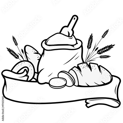 Bakery shop sign with a sack of flour, loafs of bread, sliced bread and barley. Vector illustration