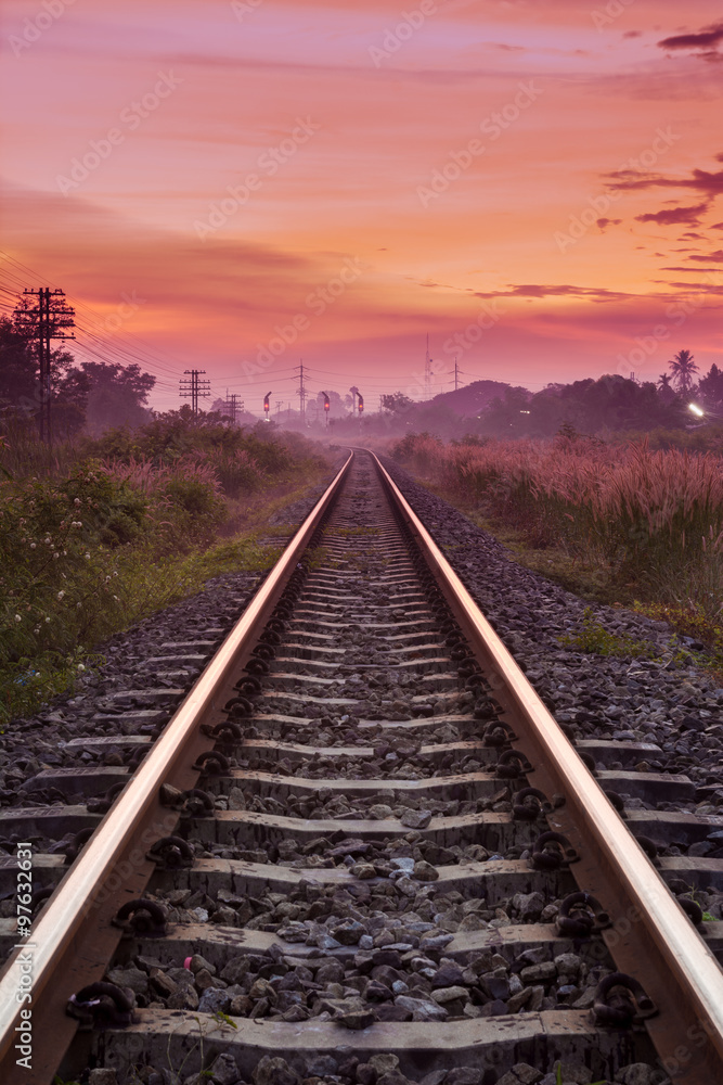Railway Track with Sunrise Scene - obrazy, fototapety, plakaty 