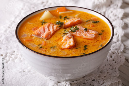 Rich soup with salmon, vegetables and thyme close-up 
 photo