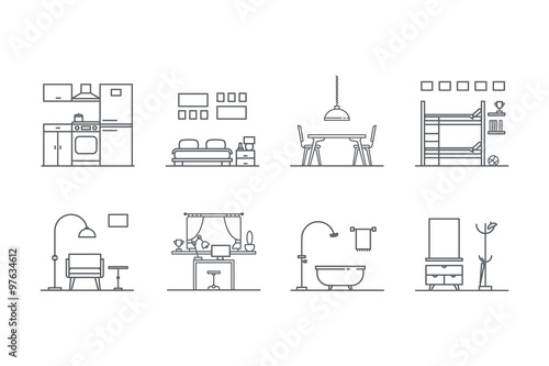 Set of line  interior design icons. Stock vector.