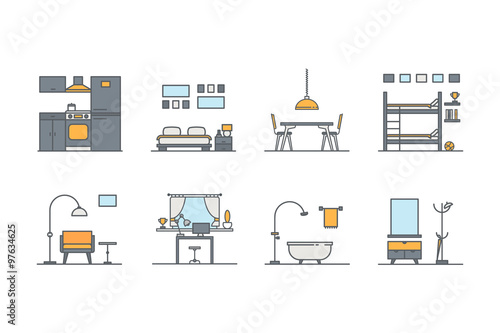 Set of line color interior design icons. Stock vector.
