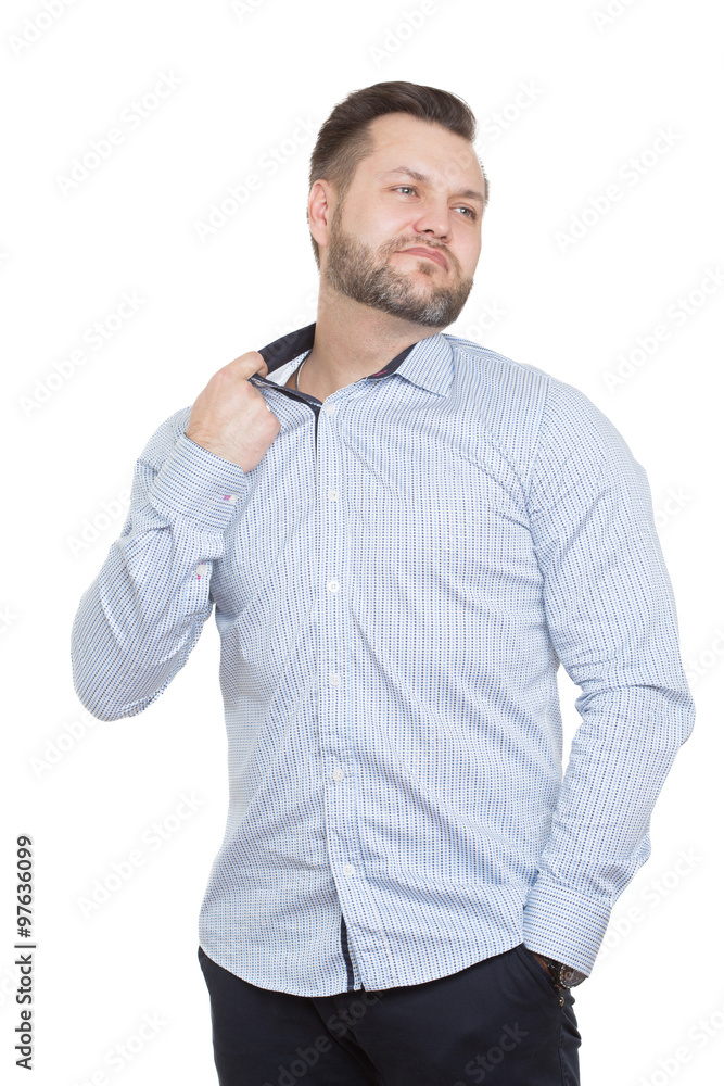 adult male with a beard. isolated on white background. Body language.  non-verbal cues. training managers. pulls the collar Stock Photo | Adobe  Stock