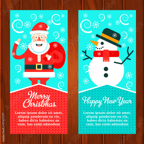Two christmas web banners with santa claus and cheerful snowman