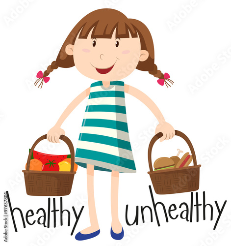 Girl and basket with healthy food and unhealthy food