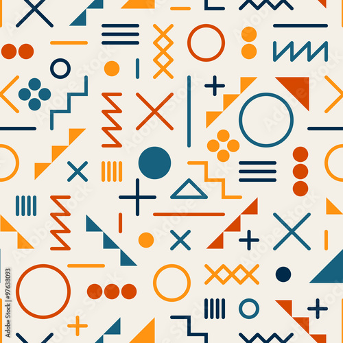 Vector Seamless Retro 80's  Jumble Geometric Line Shapes Tela Orange Color Pattern on White Background