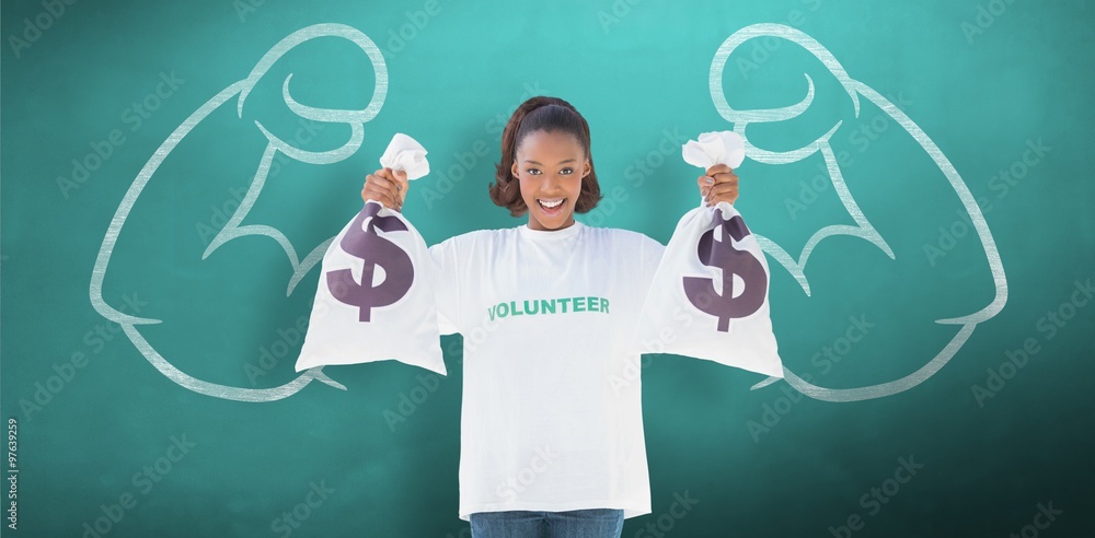 Composite image of smiling volunteer woman holding money bags 