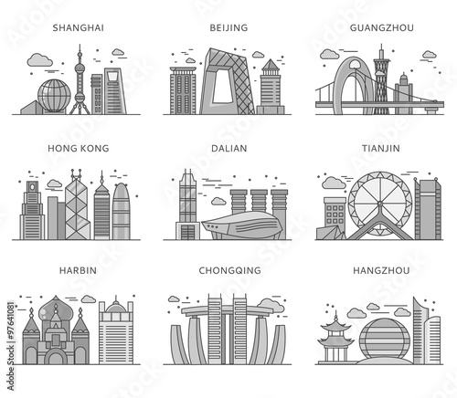Icons Chinese Major Cities Flat Style