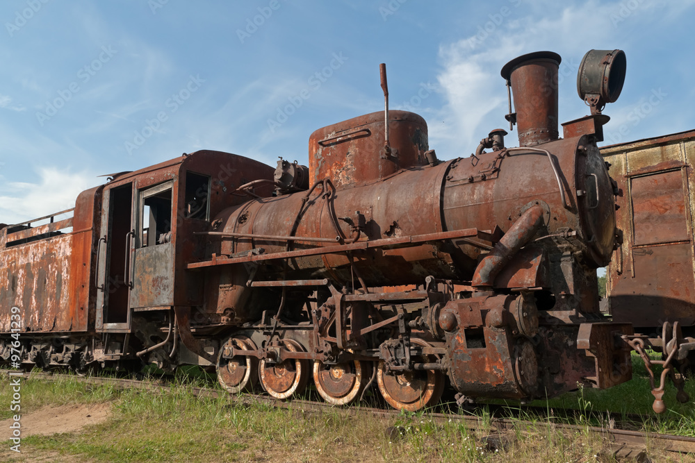 Naklejka premium Rusty steam locomotive. Talitsy, Yaroslavsky region, Russia. 