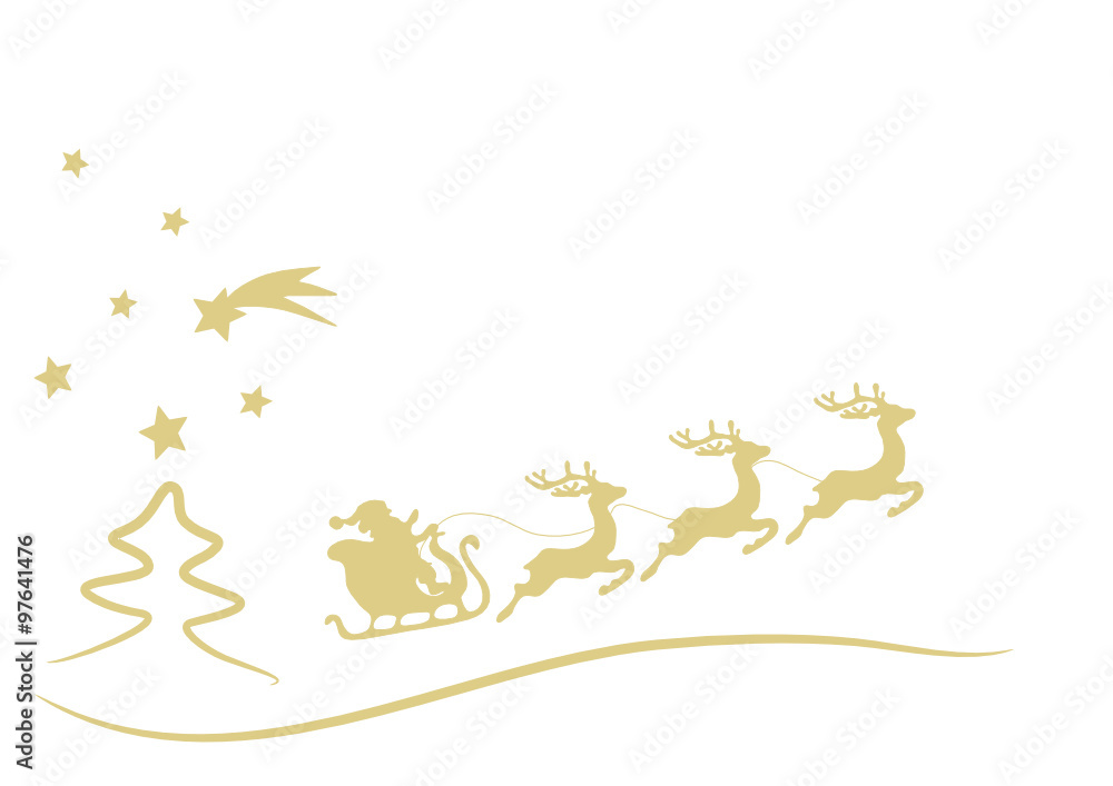 Schneelandschaft mit Weihnachtsmann und Rentierschlitten, gold-snow landscape with santa Schneelandschaft mit Weihnachtsmann und Rentierschlitten, gold-snow landscape with santa