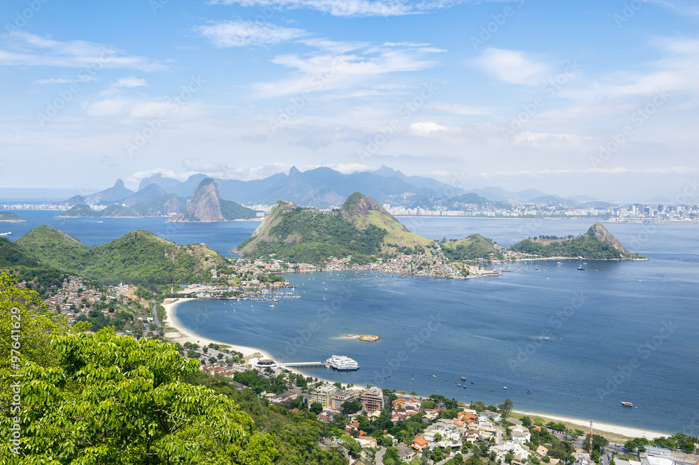 City skyline scenic overlook of Rio de Janeiro, Brazil with Niteroi, Guanabara Bay, and Sugarloaf Mountain