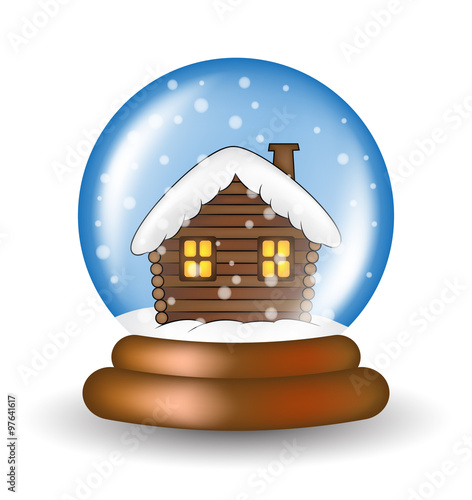 Christmas snowglobe with cabin cartoon design, icon, symbol for card. Winter transparent glass ball with the falling snow.  Vector illustration isolated on white background.