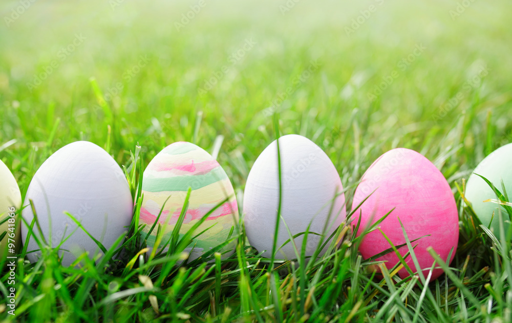 Easter eggs in green grass, easter concept