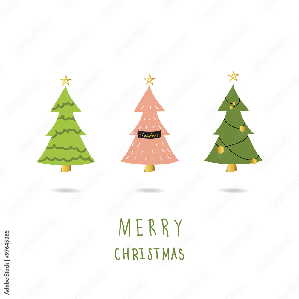 Light pink green gold christmas tree card with doodle hand draw