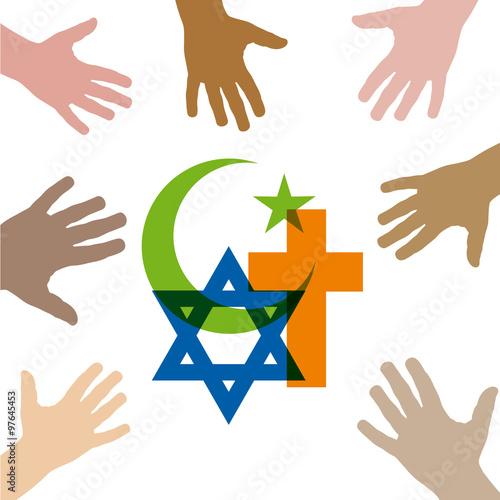 Peace and dialogue between religions. Christian symbols, jew and