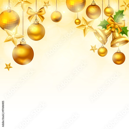 Vector Christmas background with gold balls, bells, stars and sparkles.