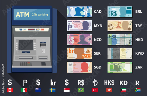 vector illustrated set of world currency banknotes and atm machine