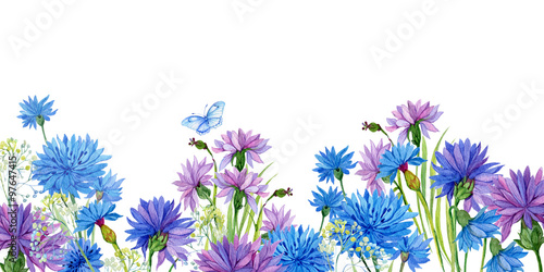 Naklejka niebieskie, niebieskie, fioletowe kwiaty i trawy na białym tle