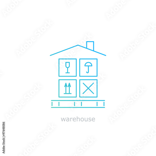 Warehouse sign. Leasing of premises for storage. Cargo handling with care. Package insurance concept. Thin lines, flat design.
