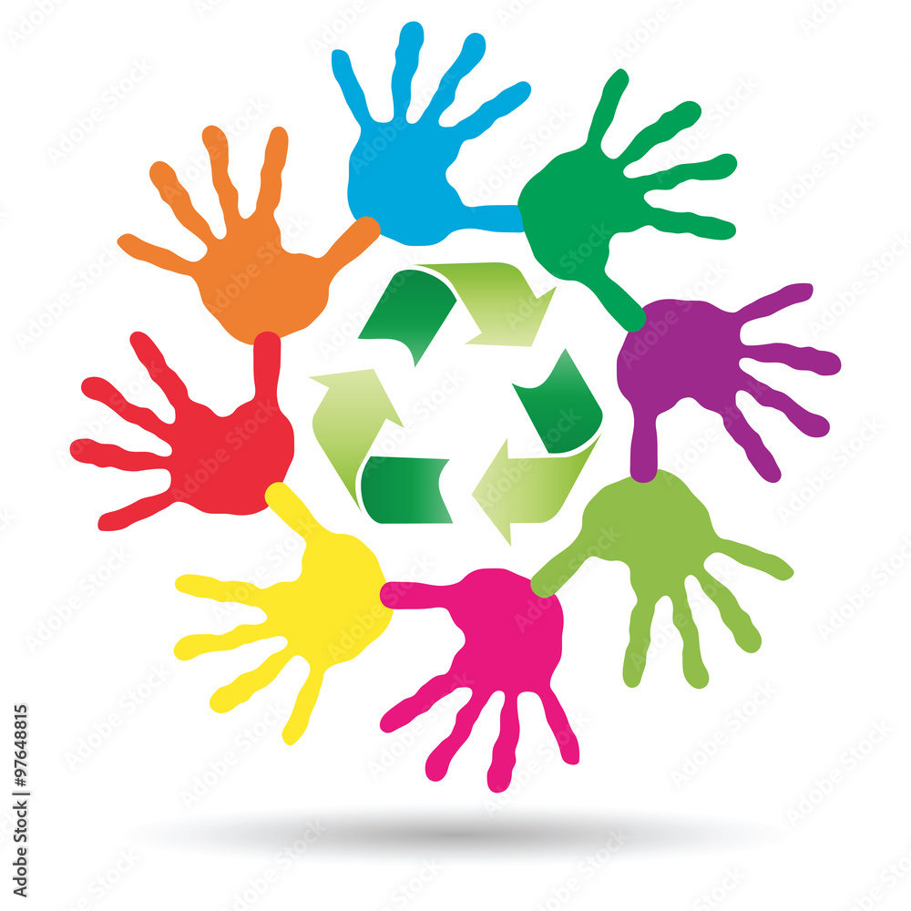 Concept circle of hands, green recycle symbol Concept circle of hands, green recycle symbol