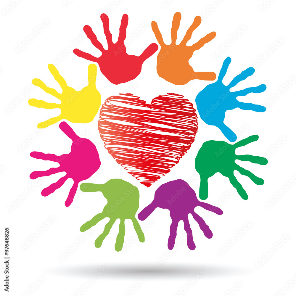 Concept circle of hands, red heart love symbol Concept circle of hands, red heart love symbol