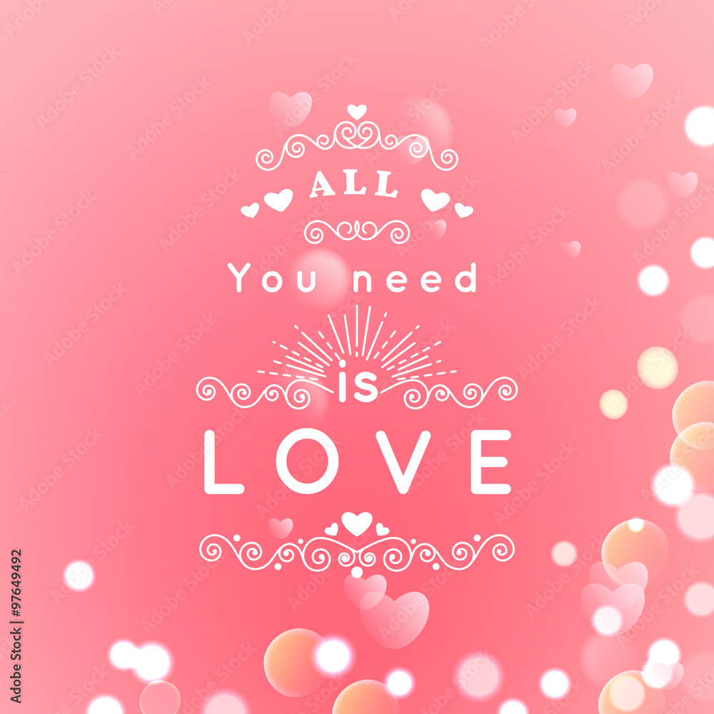 Happy Valentines Day Greeting Card with typography, heart, arrows, Bokeh background.  14 February. Vector Blurred Soft Background