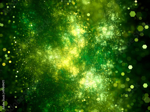 Green glowing deep interstellar space with particles