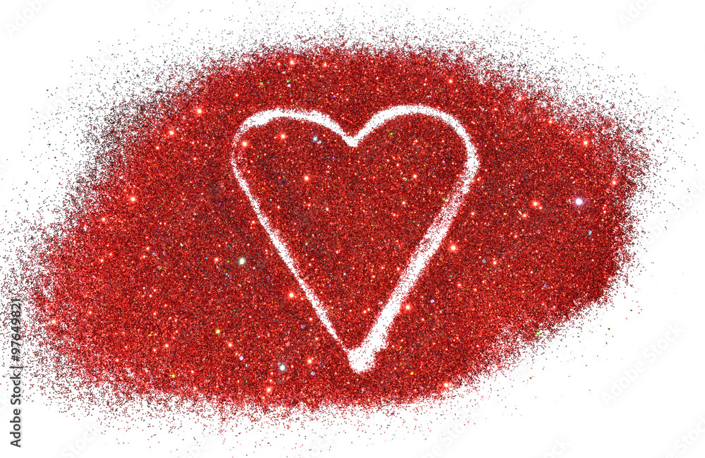Blurry abstract background with heart of red glitter sparkle on white surface Blurry abstract background with heart of red glitter sparkle on white surface