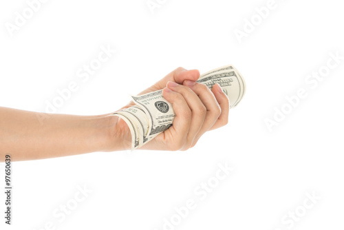Hand with dollars isolated on white background