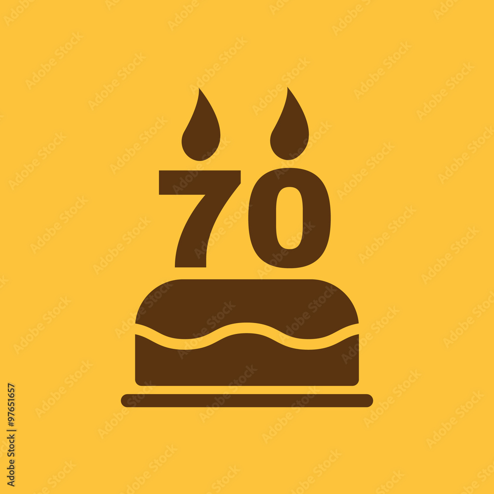 The birthday cake with candles in the form of number 70 icon. Birthday symbol. Flat The birthday cake with candles in the form of number 70 icon. Birthday symbol. Flat