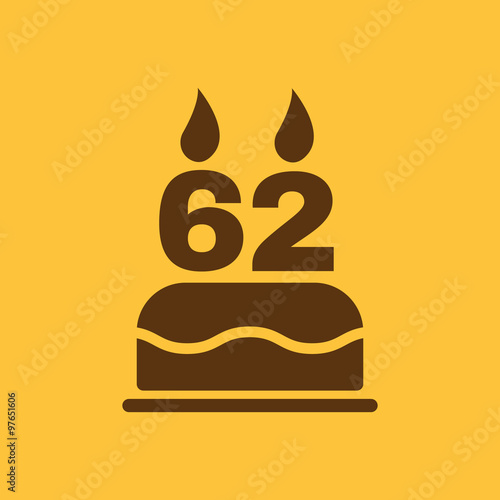The birthday cake with candles in the form of number 62 icon. Birthday symbol. Flat